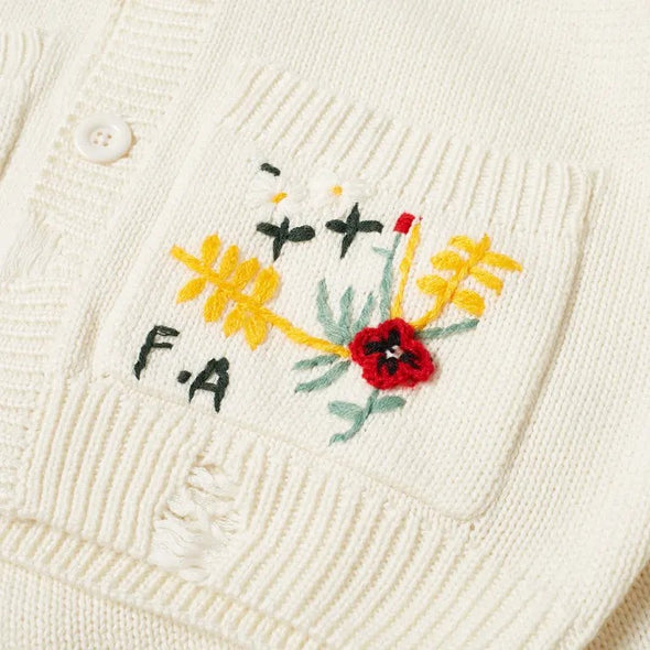 FA Distressed Flower Cardigan - White